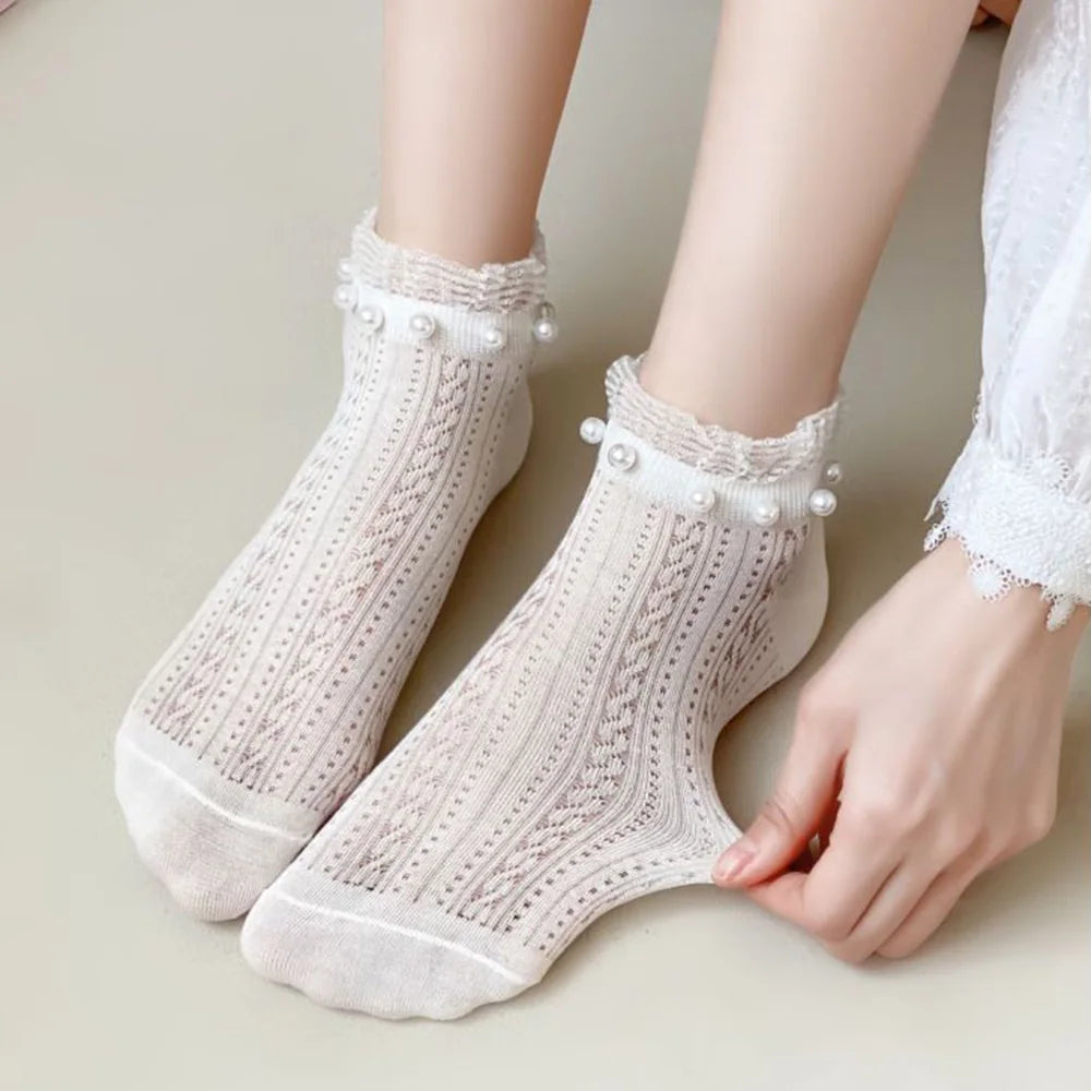 5 Pair/Lot Mesh Breathable Fashion Lace Socks Women Kawaii Pearl Decoration Short Socks Female Spring Summer New Sokken Femme