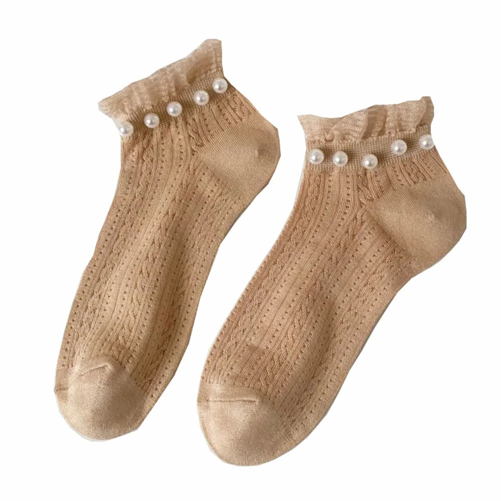 5 Pair/Lot Mesh Breathable Fashion Lace Socks Women Kawaii Pearl Decoration Short Socks Female Spring Summer New Sokken Femme