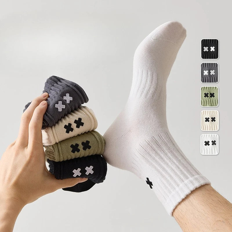5 pairs of men's autumn winter mid tube pure cotton antibacterial odor proof sports short tube men's plus size cotton socks
