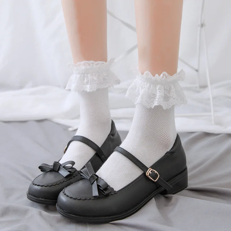 Women Socks Lace Lolita Jk Japanese Style White Black Solid kawaii Girl Cotton Cute Ankle Socks For Famale носки женские