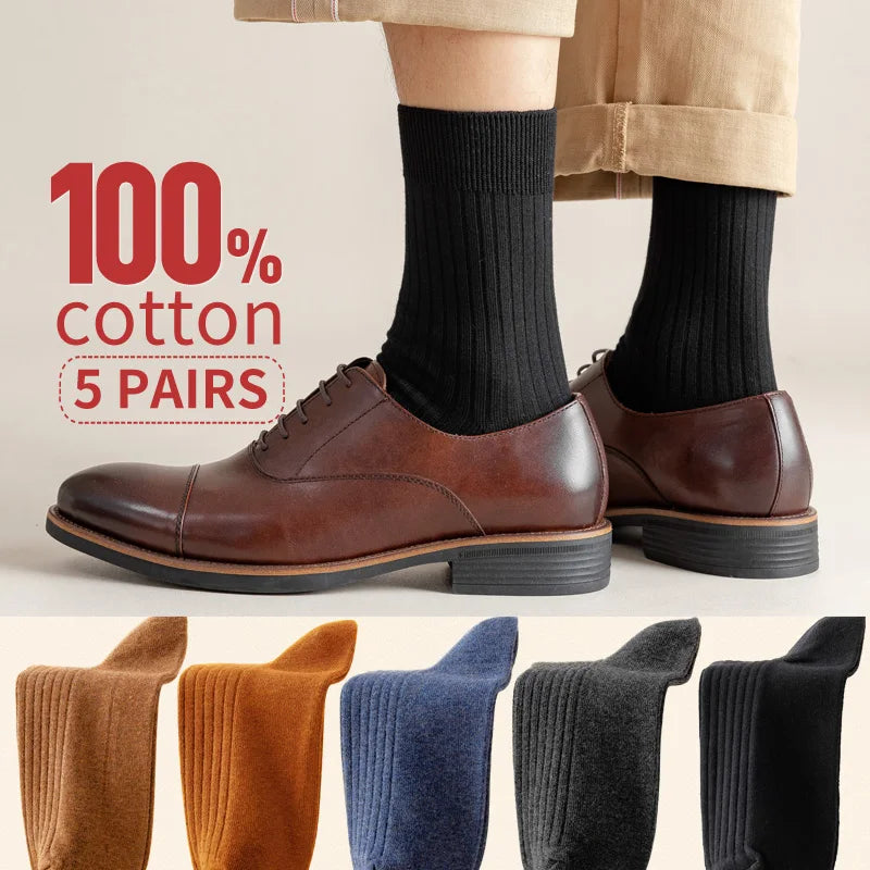 5 pairs of 100% cotton socks, men's four season striped midsole, sweat absorbing, breathable sports cotton socks