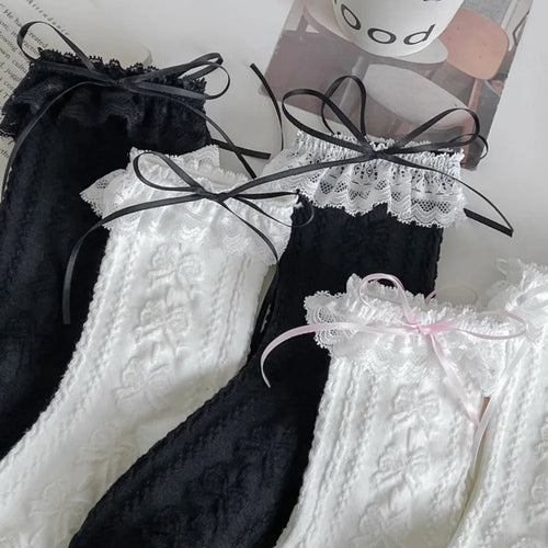 5 Pair Fashion Trendy Bow Women Socks Cute Sweet Contrast Lace Korean Style Middle Tube Autumn Winter Street Casual Long Sokken