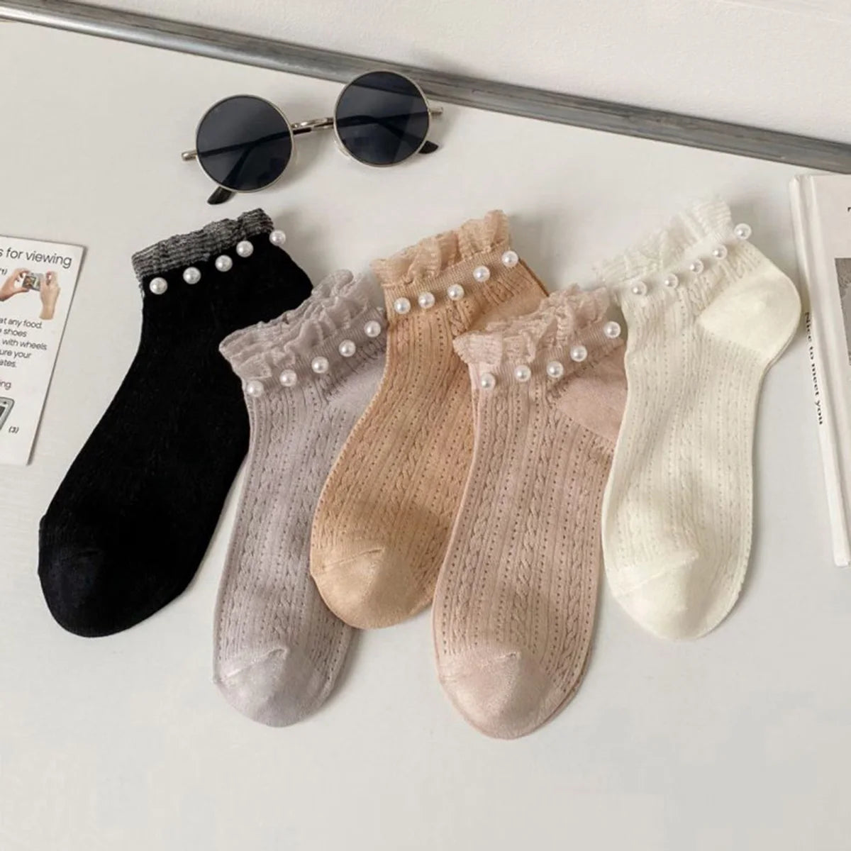 5 Pair/Lot Mesh Breathable Fashion Lace Socks Women Kawaii Pearl Decoration Short Socks Female Spring Summer New Sokken Femme