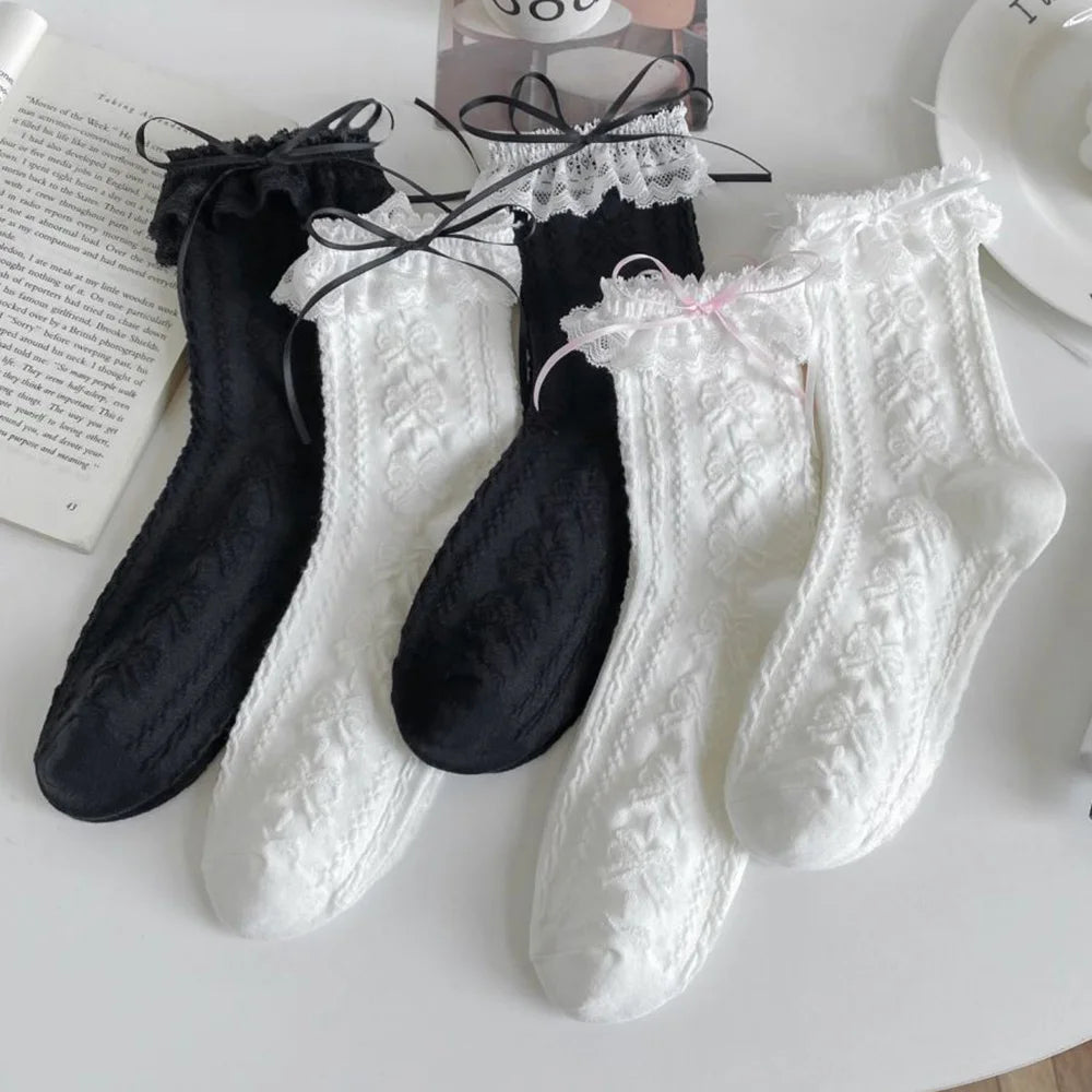 5 Pair Fashion Trendy Bow Women Socks Cute Sweet Contrast Lace Korean Style Middle Tube Autumn Winter Street Casual Long Sokken